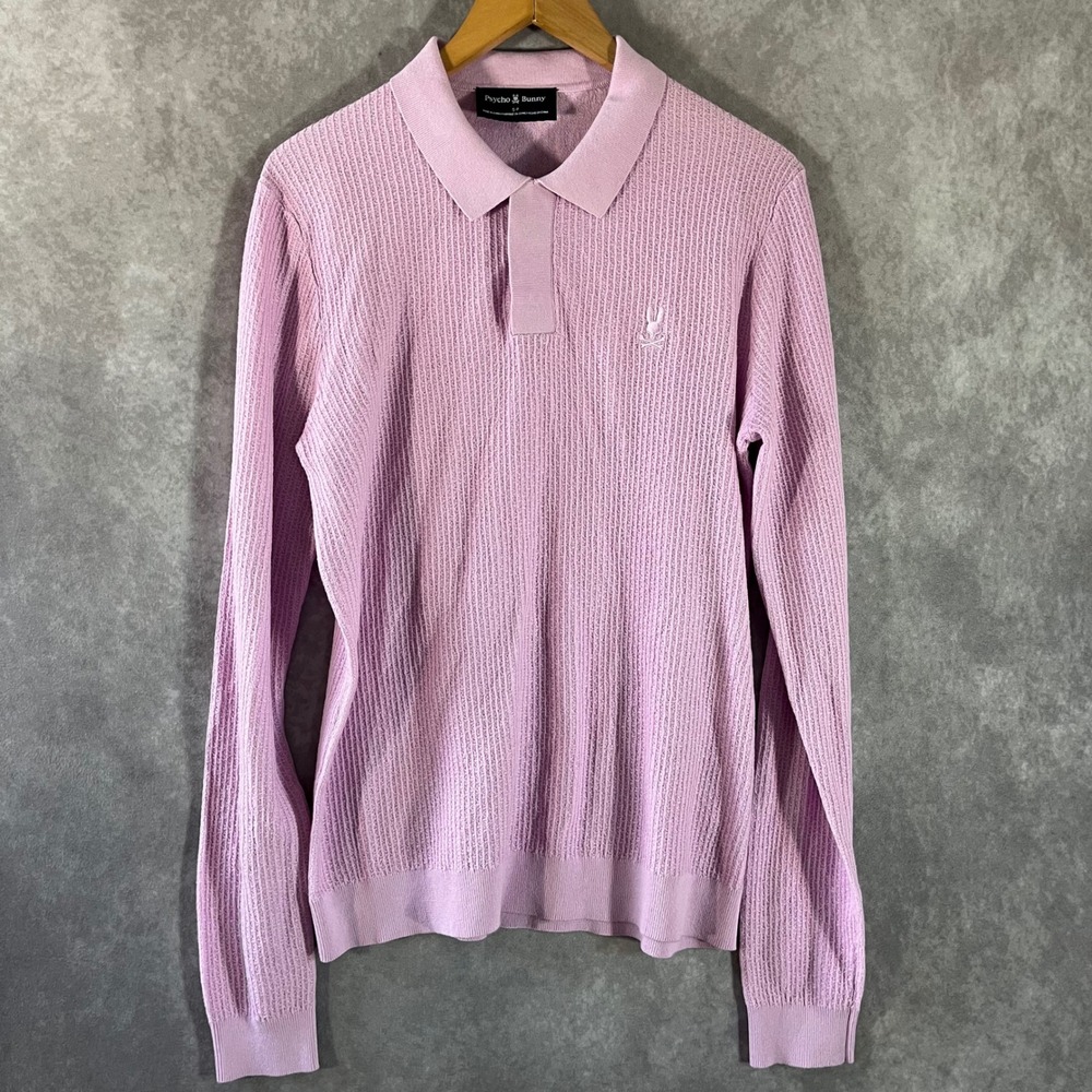Psycho Bunny Polo Sweater‎ Womens Small Pink Waffle Knit Long Sleeve Cotton Logo
